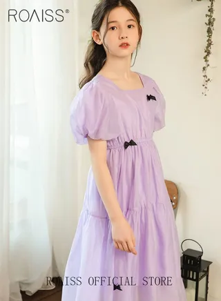 Girls Princess Dress with Puff Sleeves Bow Knot Playful and Cute Stylish and Elegant Skin Friendly Fabric A Line Skirt for Children Performance Clothing Birthday Flower Girls Wedding and More 