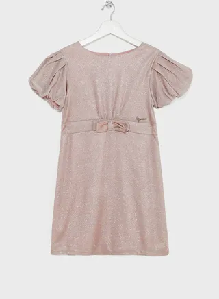 Natilene Girls Puff Sleeves A-Line Dress With Bow 