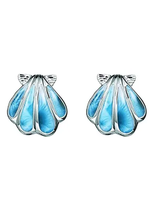 Sterling Silver Natural Larimar Sunrise Shell Stud Earrings 