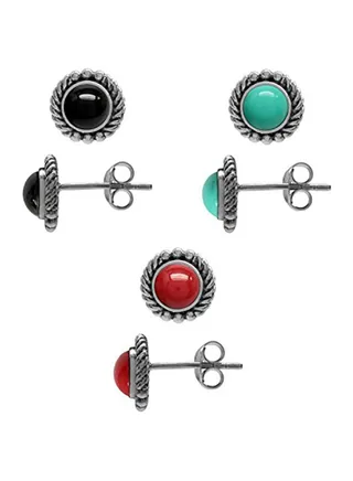 Pair Of 3 Sterling Silver Stud Earrings Set 