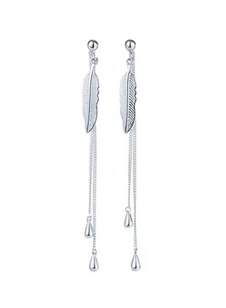 Sterling Silver Feather Threader Drop Dangle Earrings 