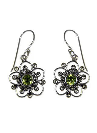925 Sterling Silver Peridot Studded Flower Shaped Dangle Earrings 