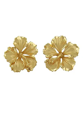 Sterling Silver14K Yellow Gold Plated Hibiscus Stud Earrings 