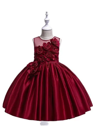 Floral Midi Party Dress for Girls Red Color 