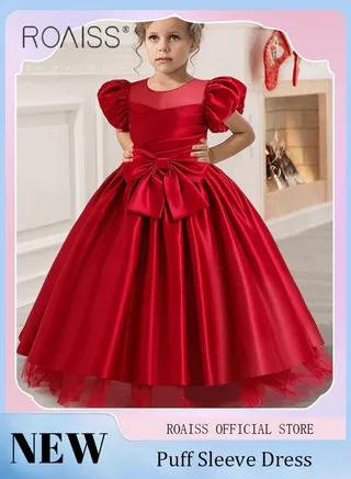 Girls Princess Dress with Puff Sleeves Bow Knot Playful and Cute Stylish and Elegant Skin Friendly Fabric A Line Skirt for Children Performance Clothing Birthday Flower Girls Wedding and More 
