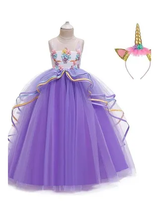 Girls Unicorn Floral Birthday Party Wear Princess Tutu Dresses Purple 