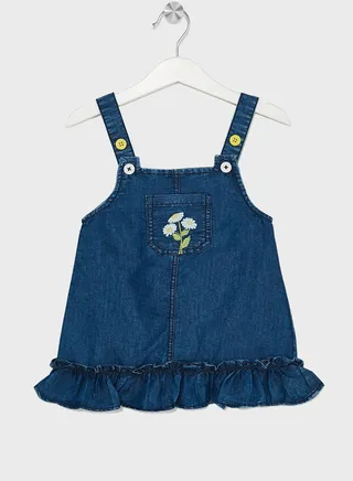 Nauti Nati Girls Floral Embroidered Denim Pinafore Dress 