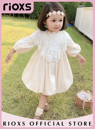 Kids Girls Cotton A Line Dress Round Neck Long Sleeve Dress Cute Princess Dress with Detachable Lace Neck 