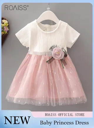 Fashionable Threaded Knitted Splicing Mesh Dress For Baby Daily Cute Short-Sleeve Flower-Decorated Princess Dress 