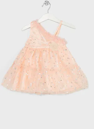Nauti Nati Girls Peach Embellished One Shoulder Fit & Flare Net Dress 
