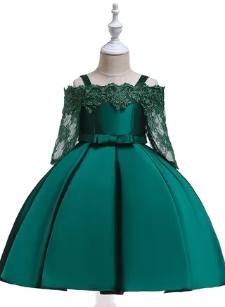 Kids Clothing Satin Elegant Dresses Green Color 