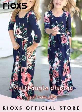 Toddler Girls Long Sleeve Maxi Dress Round Neck Floral Printed Dresses Casual Loose Long Dress With Pockets 