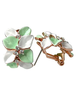 18K Gold Plated Crystal Enamel Leaves Flower Omega Metal Studs 