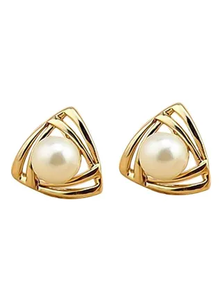 Faux Pearl Inlaid Double Triangle Crossover Ear Studs 