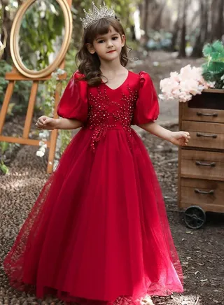 Children's New Fashion Princess Puff Sleeve Festive Dress For Birthday Party Red Color 