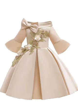 Satin Elegent Lace Flower Girls Dress Champagne Color 