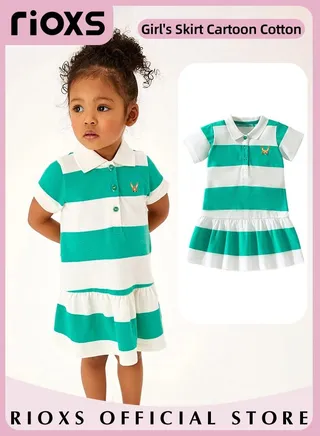 Toddlers Kids Girls Short Sleeve Button Up A Line Dress Round Neck Knitted 100% Cotton Princess Summer Doll Collar Dress 
