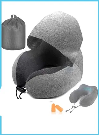 Travel Pillow, Neck Pillow for Travel with Hood for Airplane, Velvet Memory Foam Neck Pillow Adult Head & Neck Support, for Long Flights Plane, Office, Cars Sleeping & Rest (Grey) 