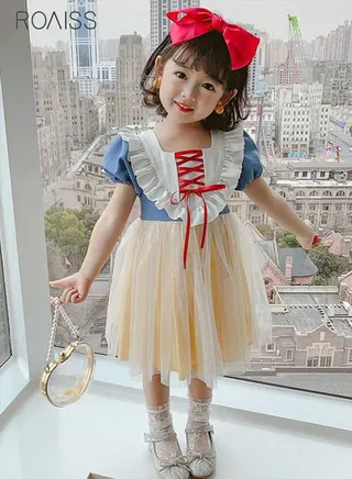 Girls' Snow White Dress Wood Ear Edge Contrast Color Fluffy Skirt Hem Fairy Tale Dress Bubble Short Sleeve Summer Dress 
