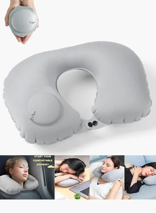 Neck Pillow, Inflatable Travel Pillow with Built-in Pump, Neck Support Pillow, Soft Comfortable U-Shaped Pillow for Sleep and Rest On Airplanes, Trains, In Office, For Camping, Trips(Grey) 