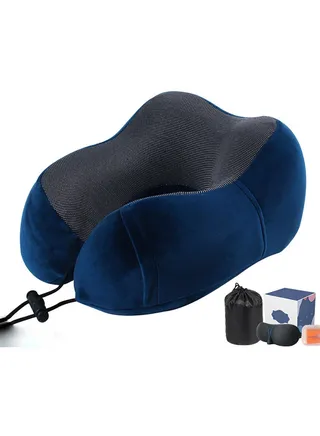 Travel Pillow,100% Pure Memory Foam NeckPillow,Neck Pillow for Airplane Travel Kit with 3D Sleep Mask, Earplugs, and Luxury Bag 