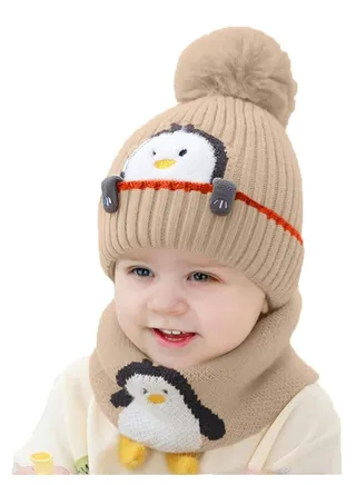 Baby Winter Cute Knit Hat, Cartoon Penguin Hat Caps with Pompom,  Scarves Set for Kids Baby 