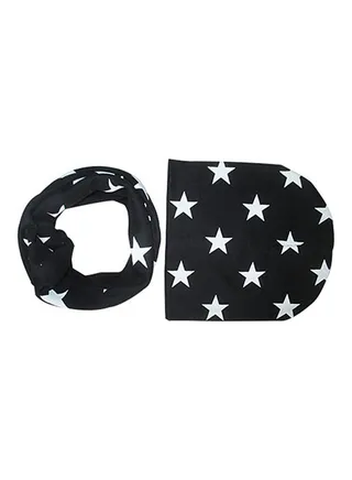 Round Beanie With Scarf Black/White 