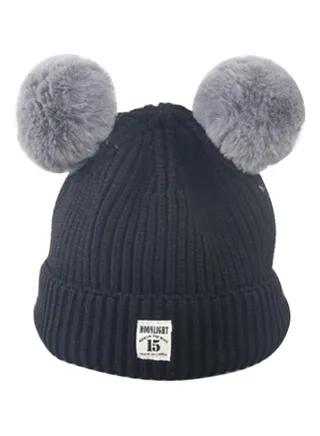 Cute Fur Ball Knitted Beanie Grey/Black 