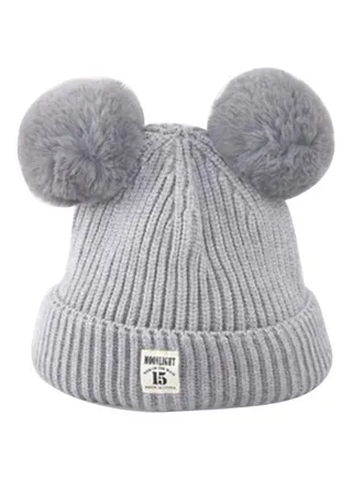 Cute Fur Ball Knitted Beanie Grey 