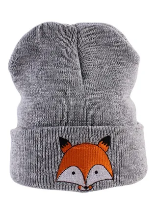 Cute Fox Pattern Warm Beanie Grey 