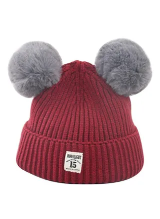 Cute Fur Ball Knitted Beanie Burgundy/Grey 