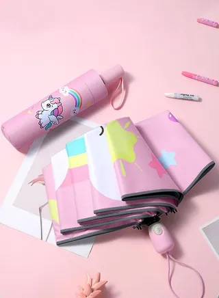 Portable Compact Automatic Lovely Carton Print Sun or Rain Umbrella for Child Kids Gils Pink 