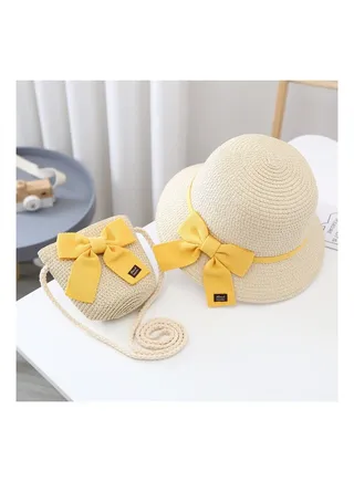 Summer Children's Sun Protection Hat, Straw Hat Bag set, Large Brim Sun Protection Hat 
