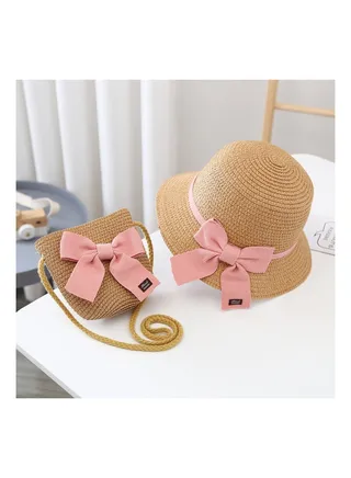 Summer Children's Sun Protection Hat, Straw Hat Bag set, Large Brim Sun Protection Hat 