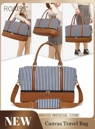 Extra Large Capacity Travel Handbag Women'S Daily Business Trip Fitness Striped Canvas Pu Leather Spliced Independent Shoe Compartment Shoulder Bag 