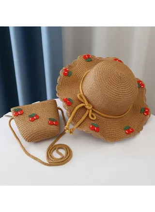 Summer Children's Straw Hat Bag Set With Large Brim Sun Hat and Cool Hat 