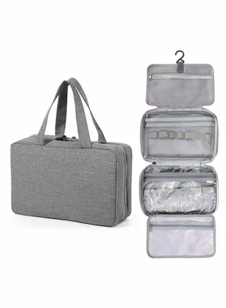 Hanging Travel Toiletry Bag, Large Makeup Bag Organizer Travel Cosmetic Bag for Women, 4 Compartments Mens Toiletry Bag for Full-Sized Shampoo, Container, Travel Accessories-Gray 