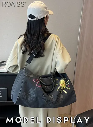 Large Capacity Canvas Graffiti Travel Handbag Women'S Outdoor Leisure Wear-Resistant Material Fitness Adjustable Bag Strap Crossbody Bag 