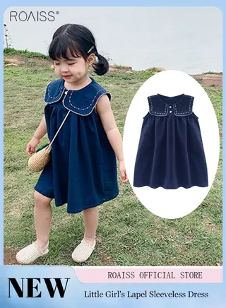 Girls' College Casual Dress Summer Loose Pleated Dress Doll Collar Cotton Dress 
