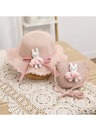 Children's Cartoon Pink Skirt Little Rabbit Straw Hat Hat Bag Two Piece Set 