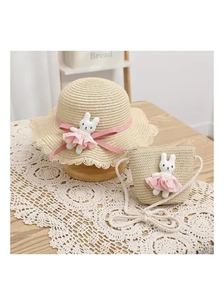 Children's Cartoon Pink Skirt Little Rabbit Straw Hat Hat Bag Two Piece Set 