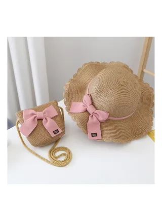 Summer Children's Sun Protection Hat, Straw Hat Bag set, Large Brim Sun Protection Hat 