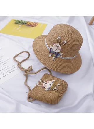 Children's Cute Parent Child Beach Hat Straw Hat Bag Set Baby Sunshade Fisherman Hat Sun Hat 