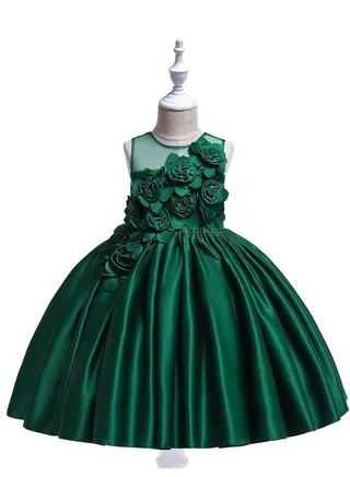 Floral Midi Party Dress for Girls Green Color 