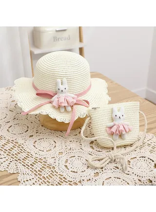 Children's Cartoon Pink Skirt Little Rabbit Straw Hat Hat Bag Two Piece Set 