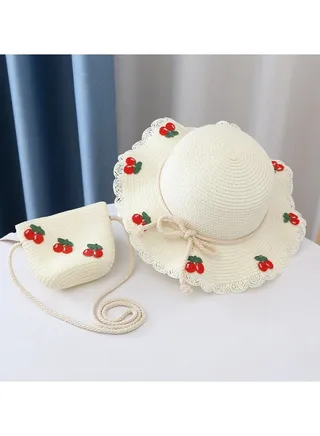 Summer Children's Straw Hat Bag Set With Large Brim Sun Hat and Cool Hat 