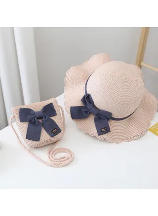 Summer Children's Sun Protection Hat, Straw Hat Bag set, Large Brim Sun Protection Hat 