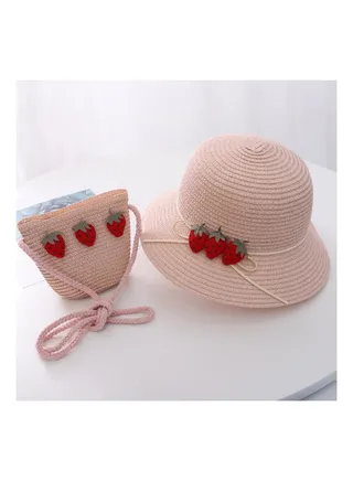 Children's Cute Parent Child Beach Hat Straw Hat Bag Set Baby Sunshade Fisherman Hat Sun Hat 