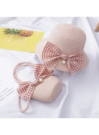Children's Cute Parent Child Beach Hat Straw Hat Bag Set Baby Sunshade Fisherman Hat Sun Hat 
