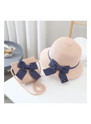 Summer Children's Sun Protection Hat, Straw Hat Bag set, Large Brim Sun Protection Hat 